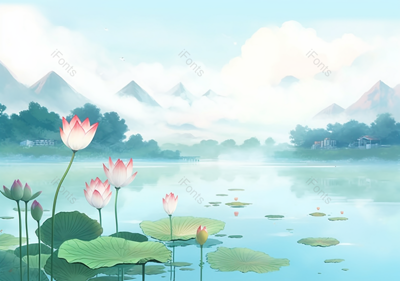 唯美夏季山水荷花池国风意境插画,插画/手绘图,插画/手绘图库,插画/手绘图下载,插画/手绘